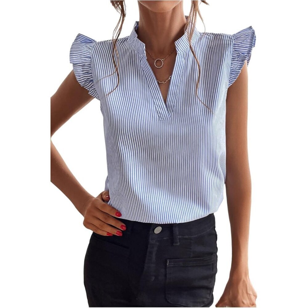 Women's Polyester Ruffle Cap Sleeve Top V Neck Casual Work Outfits Blues - Picture 1 of 5